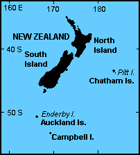 Map of New Zealand showing the position of Enderby Island in the Auckland Islands group